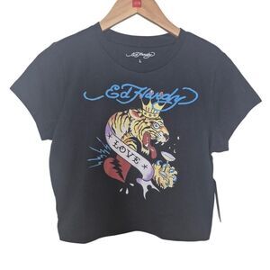 Ed Hardy Black Tiger Crown Baby Tee Size Large Y2K NEW